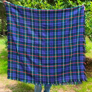Vintage Blue Tartan Plaid Wool Throw Blanket: Troy Robe Stadium Blanket