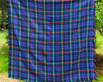 Vintage Blue Tartan Plaid Wool Throw Blanket: Troy Robe Stadium Blanket