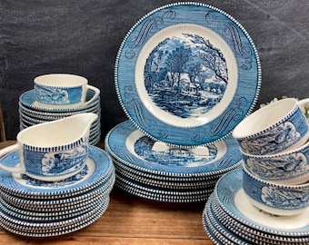 Vintage Currier and Ives Transferware: Blue & White Plates, Bowls, Cups - Harvest Pattern