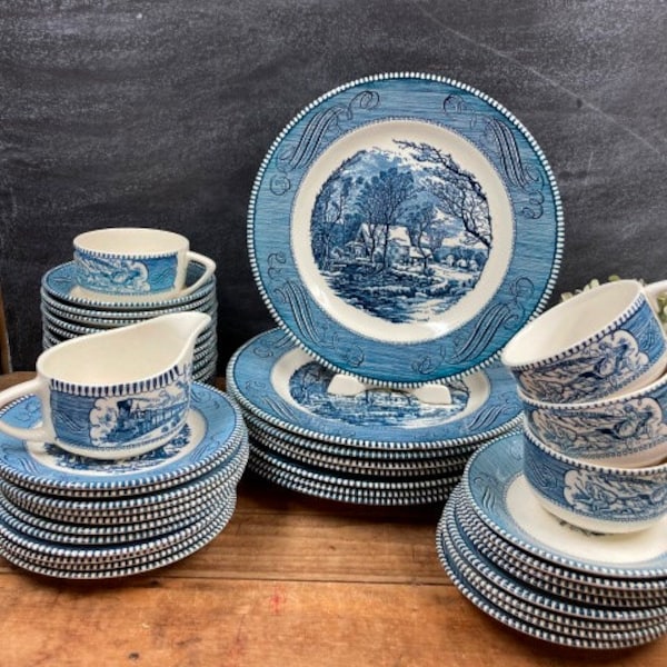 Currier and Ives Plates Cups Bowls & Saucers YOUR CHOICE Vintage Blue White Transferware Harvest Pattern