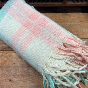 Vintage Plaid Acrylic Lap Blanket: White, Pink, and Green Fringe