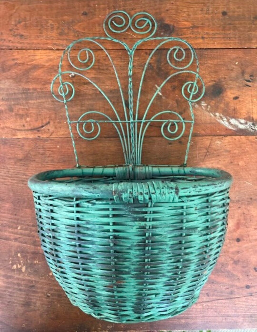 Vintage Hanging Wall Basket With Trellis Green Rattan Half Etsy