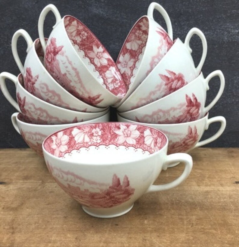 Red Transferware Tea Cups 9 Colonial Wood /& Sons Burslem England Antique Vintage Teacup Display