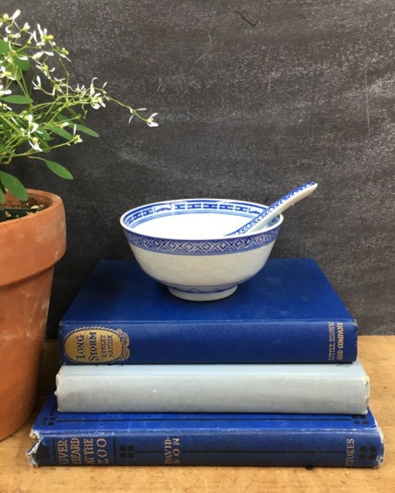 Chinoiserie Rice Bowl & Spoon: Blue White Chrysanthemum Pattern - Etsy