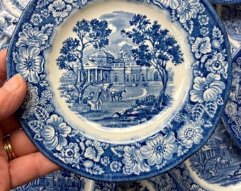 Vintage Liberty Blue Bread Butter Plate(s) Blue Transferware &quot;Monticello&quot; Historical Colonial Scenes Staffordshire Ironstone Made in England