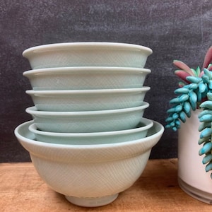 Vintage Chinese Longquan Celadon Porcelain Lotus Design Celadon Small Serving Bowl and 5 Individual Rice Bowls