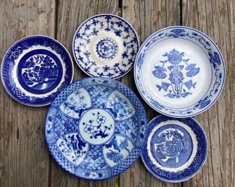 Mismatched Blue And White Dishes Blue Delft, Blue Willow, LS & S NY, and Asian Chinese Blossom Chinoiserie Style Plate