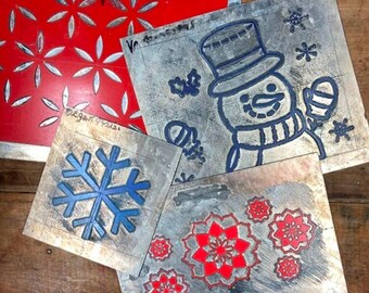 Vintage Christmas Home Decor Metal Pattern Stamp Snowman Or Snowflake Christmas Winter Themed Industrial Rustic Primitive Your Choice