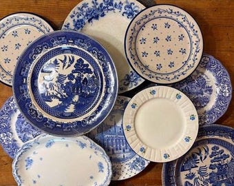 Mismatched Blue White Transferware Plates: Blue Willow, Flow, Clare, Souvenir Cliff