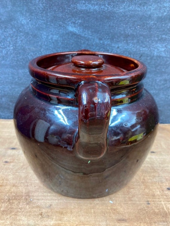 Antique Dark Brown Glazed Stoneware Baked Bean Pot Crock With Lid