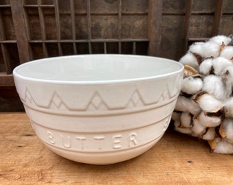 Vintage White Ceramic Mixing Bowl With Embossed With Eggs Sugar Flour Butter Salt Farmhouse Kitchen Decor Note CRAZING