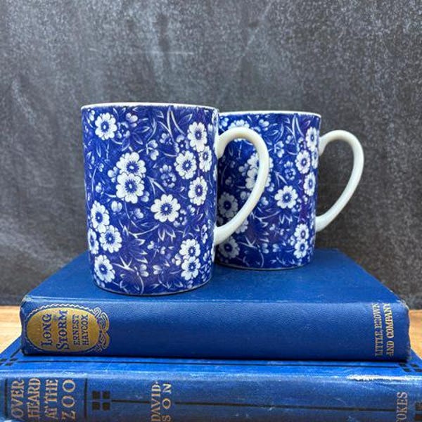 Vintage Blue Calico Mug Set:  Floral Chintz Ceramic Coffee Or Tea Cups