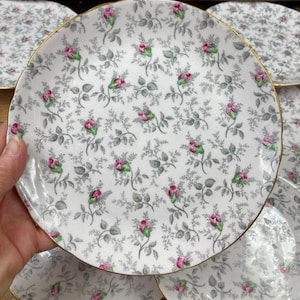 Vintage Tuscan Bone China Dessert Plate: Pink Rosebud Gold Rim