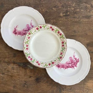 Mismatched Red and White French Plates Gien France Les Tartes & Moulin Des Loups Faience Plates Rose Transferware