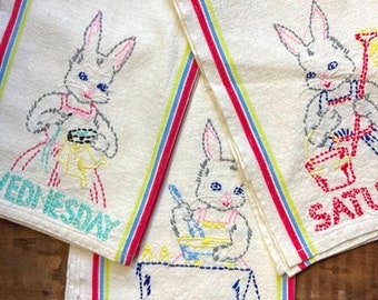 Kitschy Kitchen Tea Towel Hand Embroidered Bunny and Day Of The Week YOUR CHOICE Vintage 1940s Kitchen