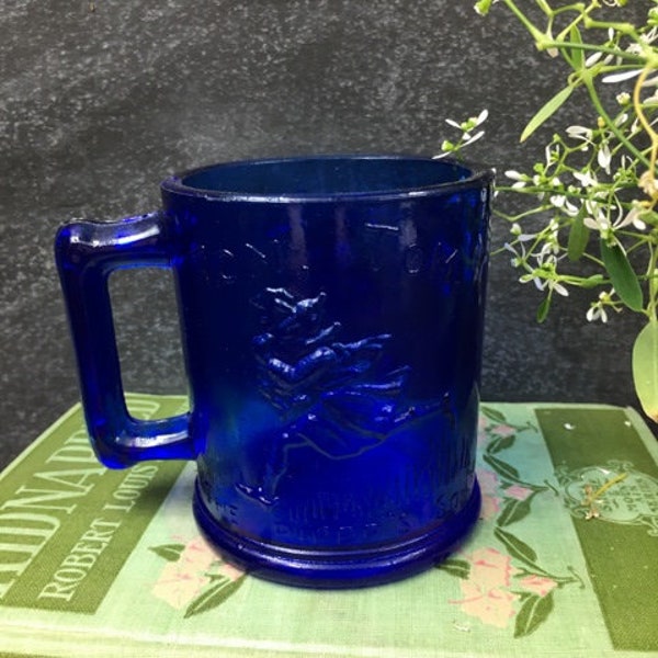 Cobalt Blue Glass Mug Humpty Dumpty Vintage Child's Mug Nursery Rhymes Tom Tom The Piper's Son