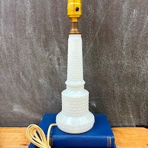 Vintage Milk Glass Hobnail Table Lamp: 1950s MCM Vanity Desk Light