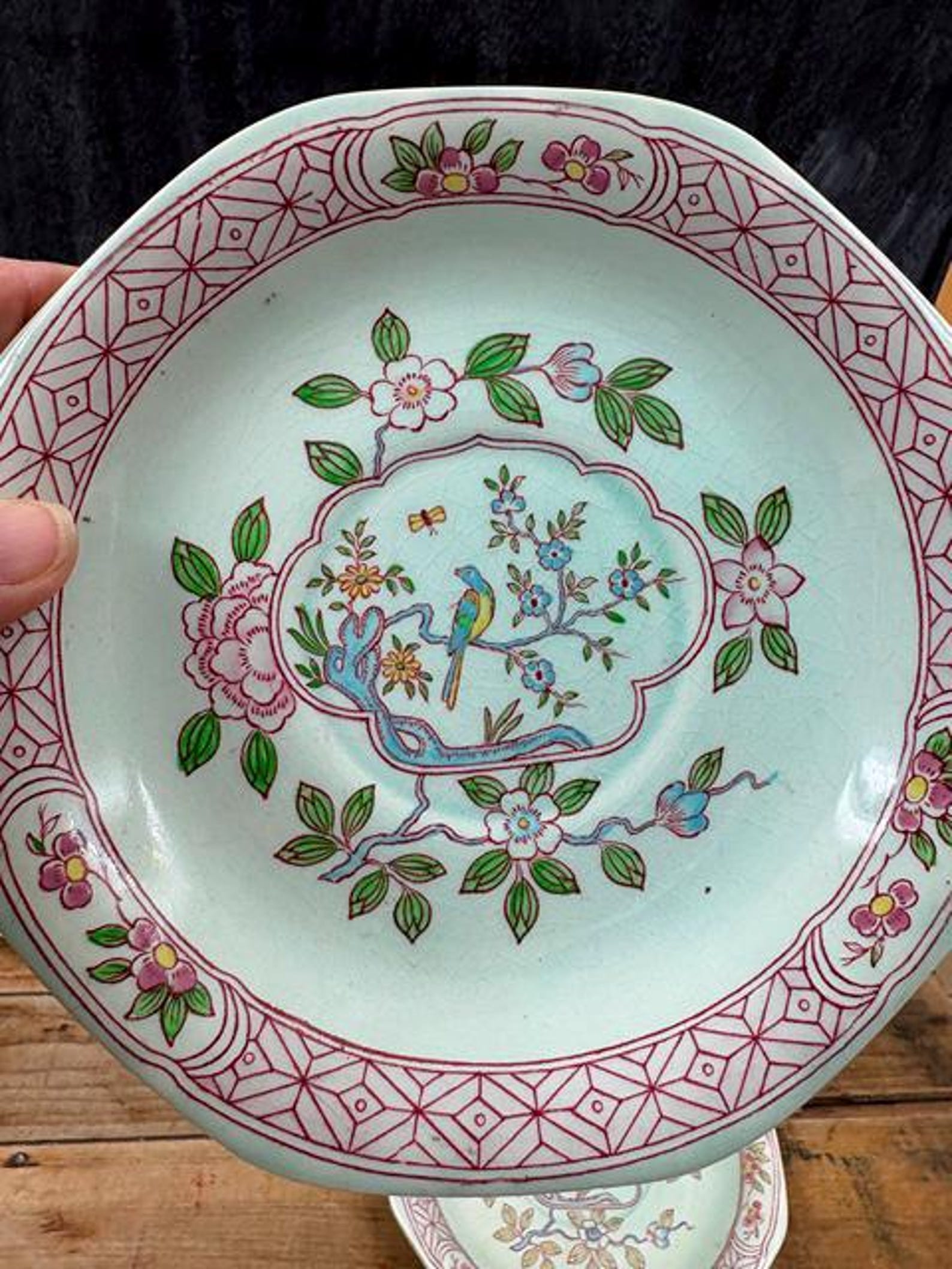 Calyx Ware Adams Singapore Bird English Ironstone Saucers Pink and ...