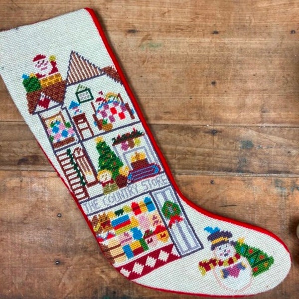 Vintage Christmas Santa Stocking by Imperial Elegance 1991 Embroidery Needlepoint Fully Lined Velvet Backing "Country Store"