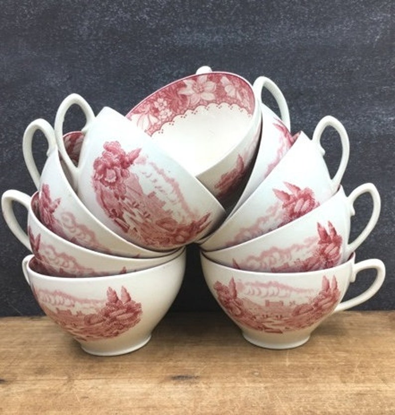 Red Transferware Tea Cups 9 Colonial Wood /& Sons Burslem England Antique Vintage Teacup Display