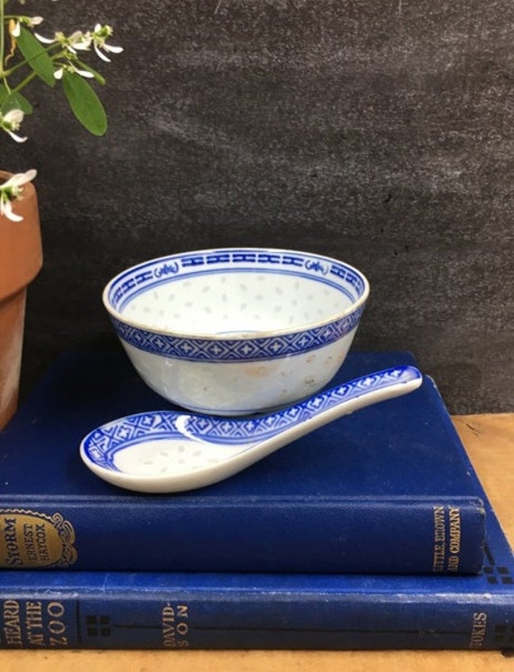 Chinoiserie Rice Bowl & Spoon: Blue White Chrysanthemum Pattern - Etsy