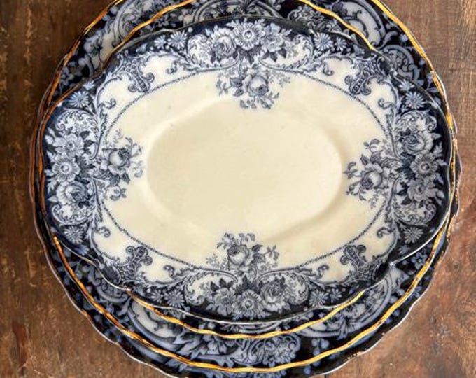 Antique Flow Blue Transferware Plate: Keeling & Co Chatsworth, Gold Rim ...