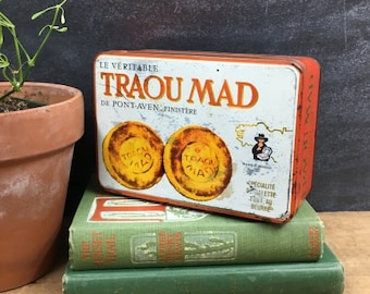 Vintage French Biscuit Tin Le Veritable Traou Mad De Pont-Aven Finistere Orange and White Rectangular Storage Tin