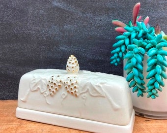 Creamy White Butter Dish Ceramic Covered Butter Holder Embossed Grapes and Leaves