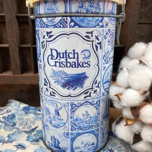 Vintage Dutch Crisbakes Storage Tin: Blue and White Kitchen Canister