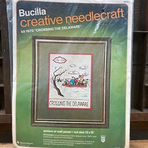 Vintage 1970 Bucilla Crewel Work Kit: Crossing The Delaware, Americana Decor