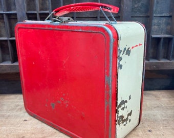 Vintage Red Lunchbox Aladdin Industries Red and Tan Metal Lunch Box 1950s  Rustic Farmhouse Country Decor