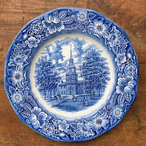 Vintage Liberty Blue Dinner Plate Independence Hall Historic Colonial Scenes Printed On Staffordshire Ironstone Made in England 10 Available