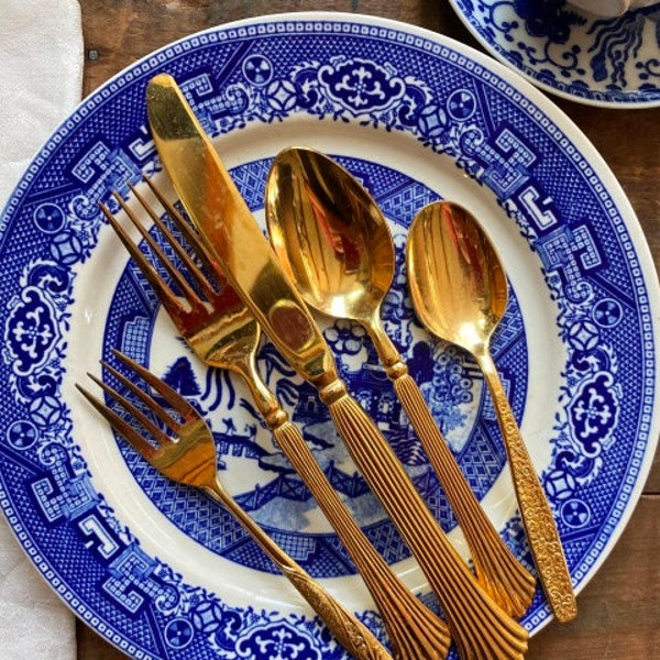 Mismatched Gold Utensils Vintage Cutlery Stainless Steel Flatware Knife Fork and Spoon Silverware Holiday Table Decor