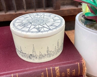 Vintage Artek Faux Scrimshaw Box Reproduction Compass Rose Polymer Faux Ivory Collectible Round Trinket Box