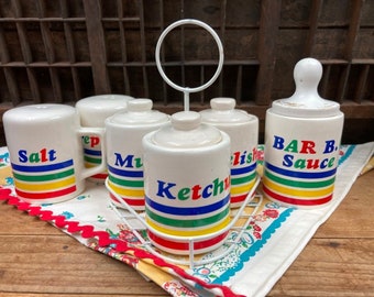 Vintage Summer Ceramic Condiment Set Relish Ketchup Mustard BBQ Sauce Salt and Pepper With Wire Caddy Summer Fun Retro Picnic NO SPOONS