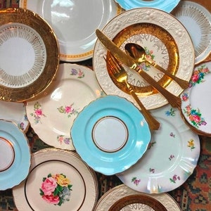 Mismatched Vintage Dessert Plates: Mixed Florals & Gold