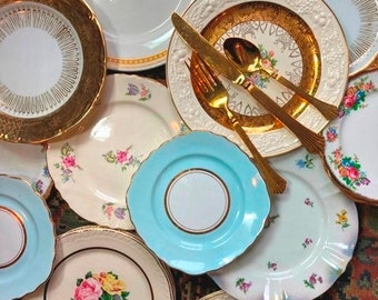 Mismatched Dessert Plates Vintage Mixed Blues Golds and Florals Your Choice Of Colors and Styles Bridal Or Baby Shower