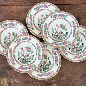 May include: A collection of six antique porcelain plates. Each plate features a central floral design with pink and green blossoms, surrounded by a decorative border with pink flowers and a tan rim. The plates are arranged on a dark wooden surface.