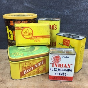Vintage Yellow Tin Collection: Eclectic Coffee, Mustard, Nutmeg Tins