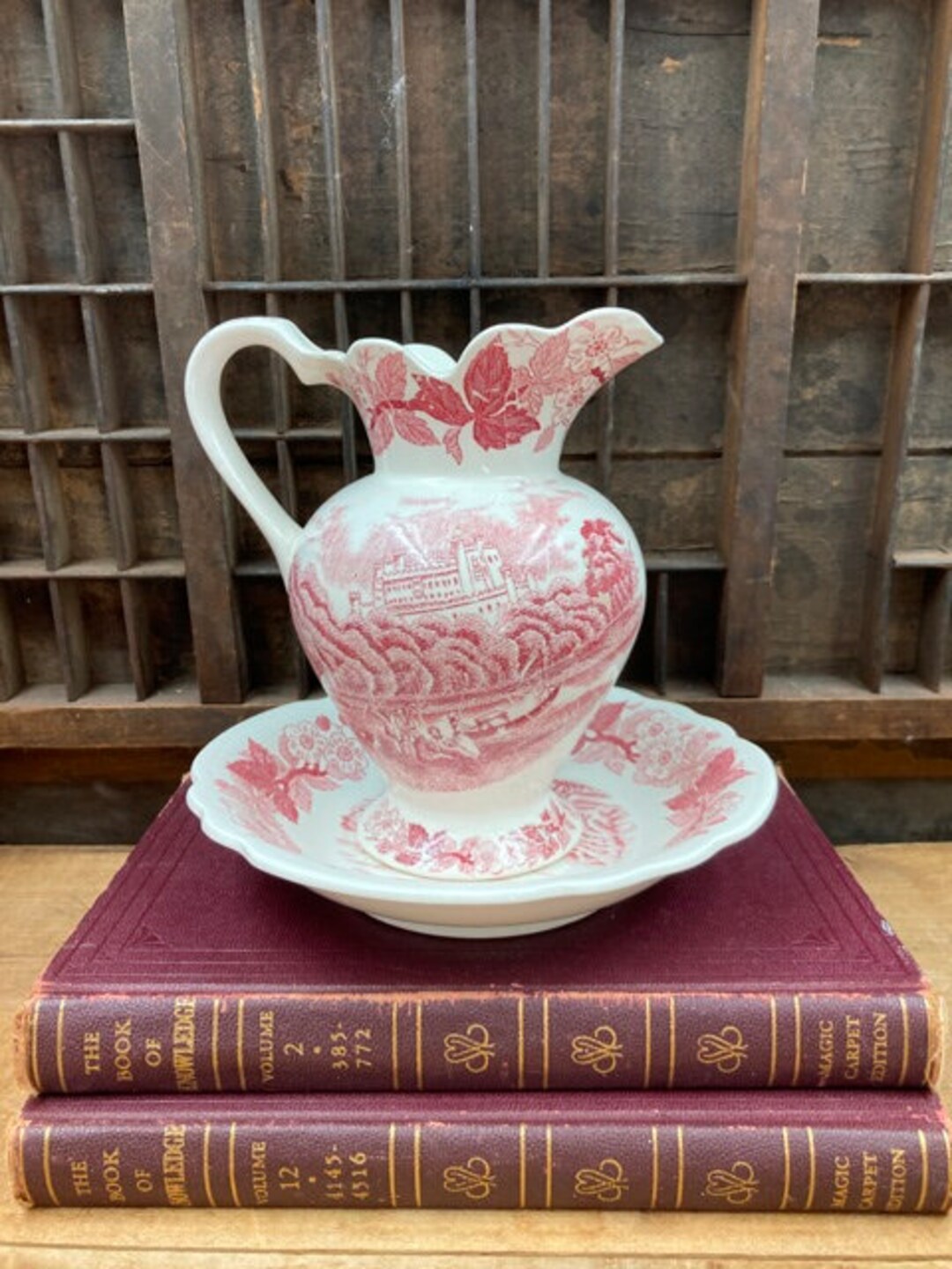 Vintage Red Transferware Small Pitcher and Underplate/bowl No Maker's ...