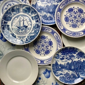 May include: A collection of eight blue and white ceramic plates with various floral and landscape designs. The plates are arranged in a circular pattern on a patterned surface.