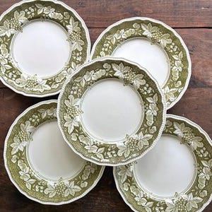 Vintage Kensington Somerset Dinner Plates: Green Transferware Ironstone, England (Set of 5)