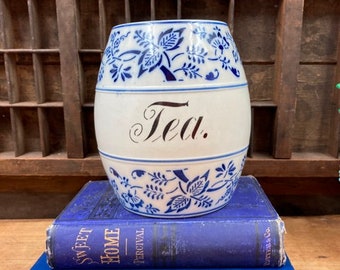 Vintage Porcelain Tea Jar Blue Onion Canister G M T & Bros Made in Germany NO Lid In Excellent Condition