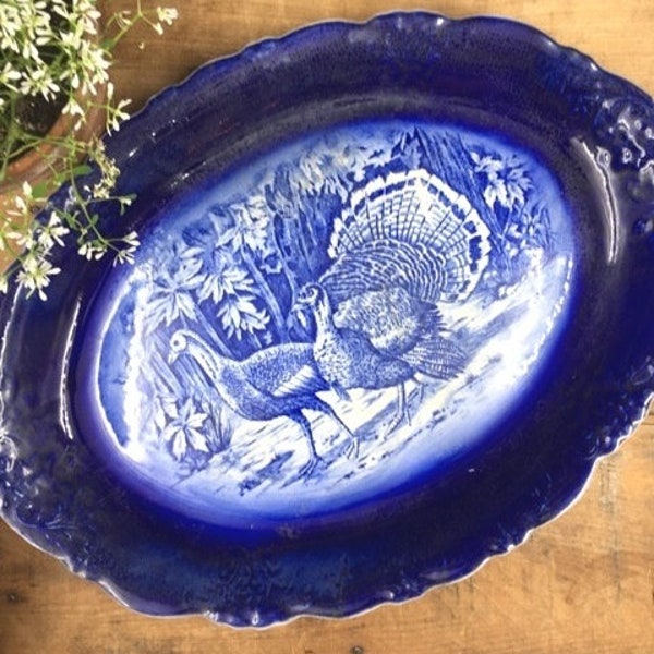 Flow Blue Platter Turkey Large Oversized Rustic Transferware Holiday Platter Ironstone