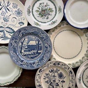 May include: A collection of eight ceramic plates featuring various designs, including blue and white floral patterns, a winter landscape scene, a green botanical border, a plain white plate with a blue rim, and a small plate with colorful flowers.