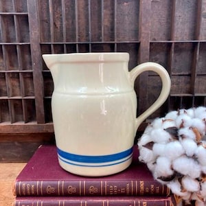 Vintage Roseville Pottery Pitcher: Blue Band Ceramic Farmhouse Jug