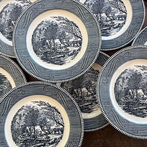 Vintage Currier & Ives Dinner Plate: Royal China Blue Transferware