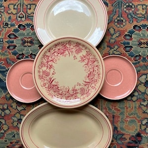 Mismatched Pink Transferware Plate Platter Collection Inca Ware Buffalo China Russell Wright Wellsville China