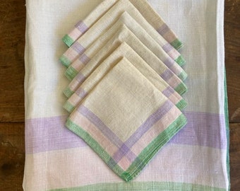 Vintage Linen Tablecloth 52" x 67" and 6 Napkins White With Stripes of Purple, Pink and Green Shabby Cottage Chic English Country Decor