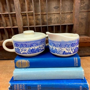 Vintage Blue Willow Cream and Sugar Set: Asian Inspired Farmhouse Decor
